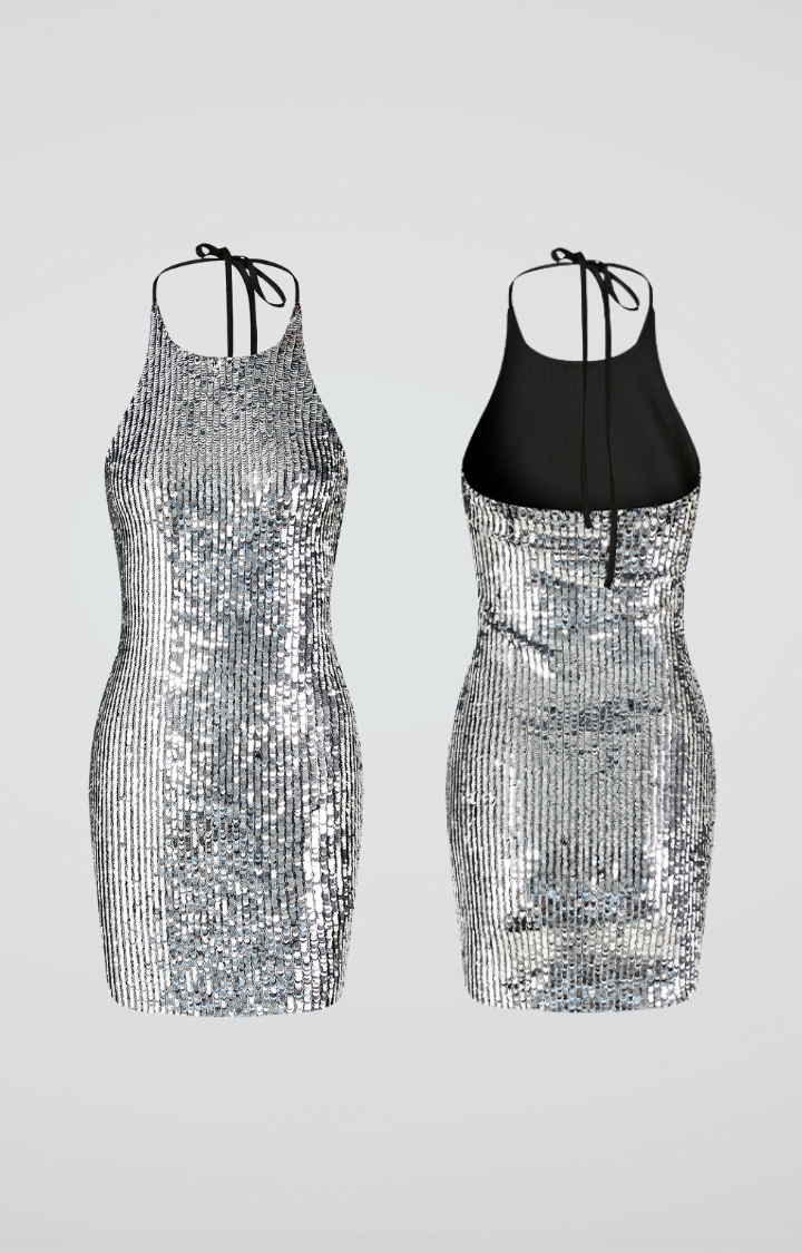MIDNIGHT VOLTAGE SEQUIN HALTER MINI DRESS