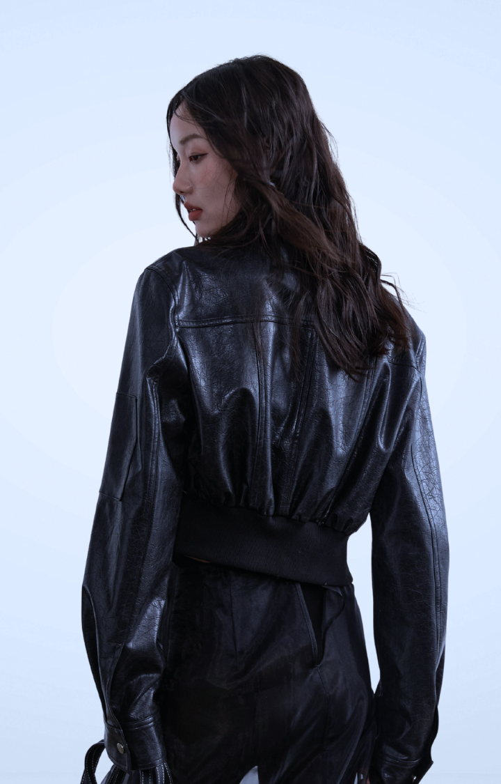 DECONSTRUCTED ZIPPER DETAIL PU LEATHER MOTO JACKET
