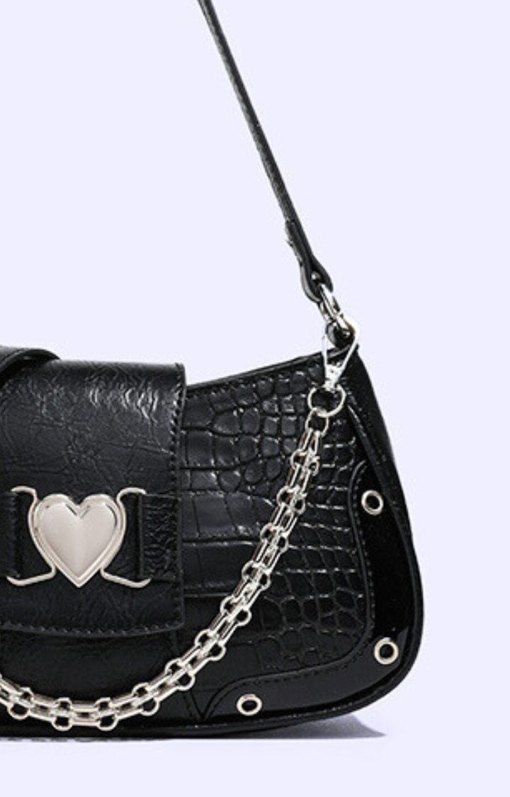 HEART LOCK CHAIN SHOULDER BAG - KNIGHT BLACK
