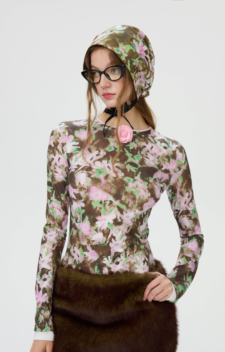 PRINTED FAUX-LAYER LONGSLEEVE TOP IN NCHANTED ROSE GARDEN