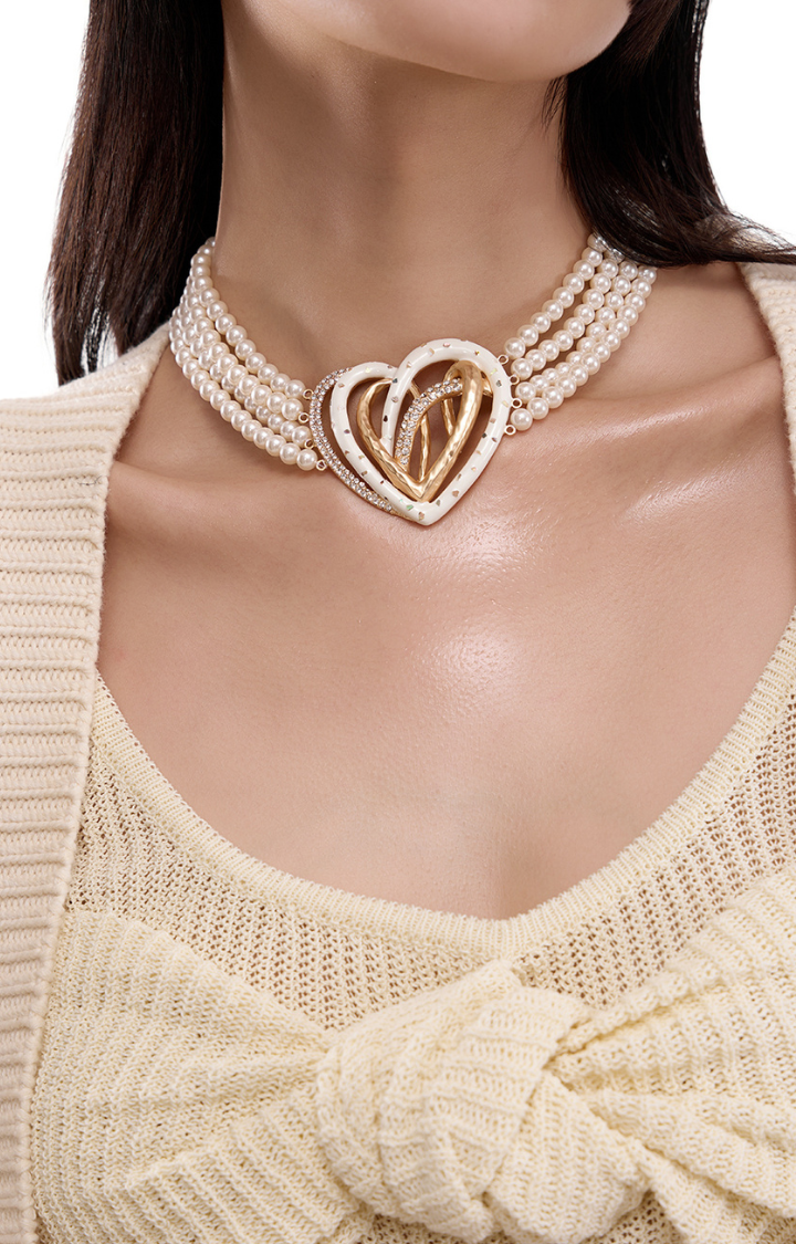 LOCKED IN PEARLS MULTI-LAYER HEART CHOKER