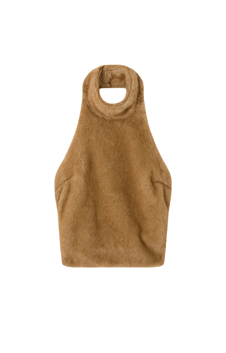 CARAMEL SMOKE FUZZY BACKLESS HALTER TOP