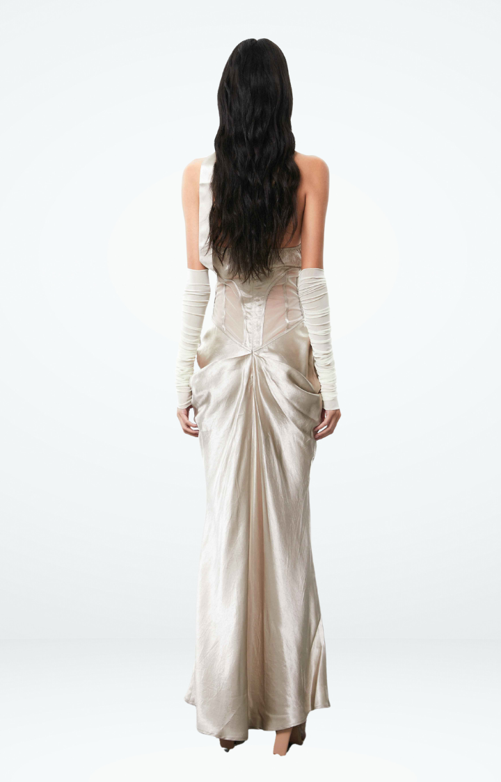 TWILIGHT VEINS MESH-CUT MAXI DRESS IN CHAMPAGNE HALO