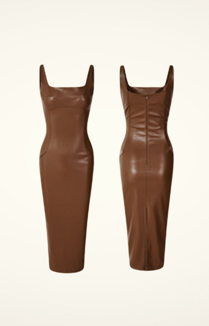 COGNAC CURVE FAUX LEATHER MIDI DRESS