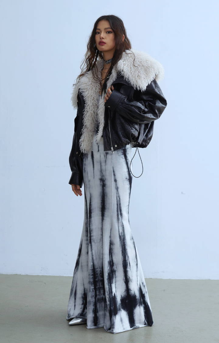 SIBERIAN CHIC DETACHABLE FAUX FUR COLLAR LEATHER JACKET