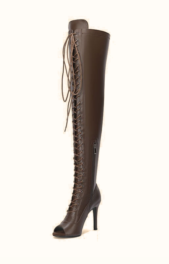HIGH LACE DRAMA PEEP-TOE THIGH-HIGH BOOTS IN COCOA DUST