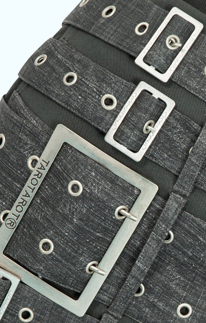 TRUE LOVE SUCKS  TRIPLE BUCKLE PUNK MINI SKIRT IN DEEP ASH CHARCOAL