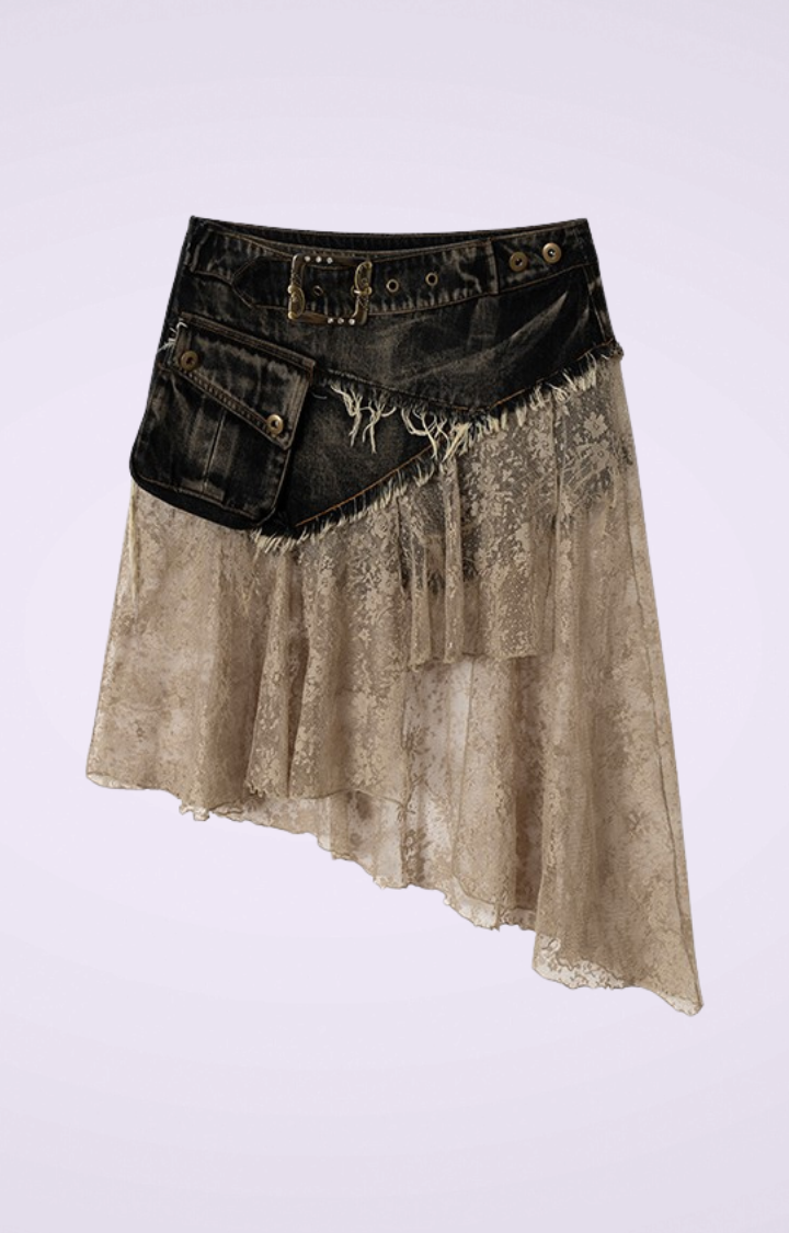 PATCHWORK LACE DISTRESSED DENIM SKIRT-PANTS IN WASHED BLACK