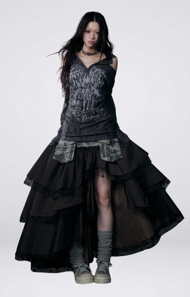 SPLICED CARGO CAKE SKIRT IN DENIM BLACK & ARMY GREEN