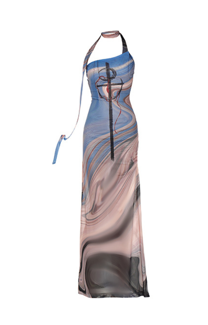 ART MESH SHEER HALTER DRESS IN IRIDESCENT DRIFT