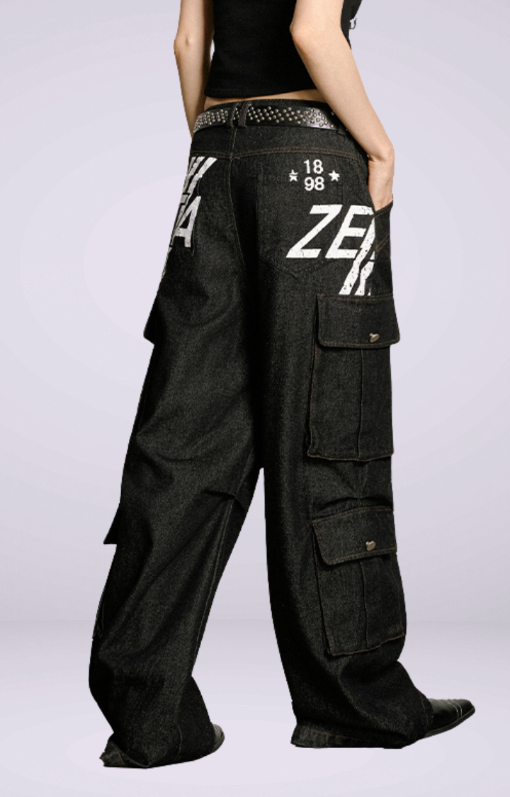 ZERO HOUR CARGO JEANS  BLACK LETTERING EDITION