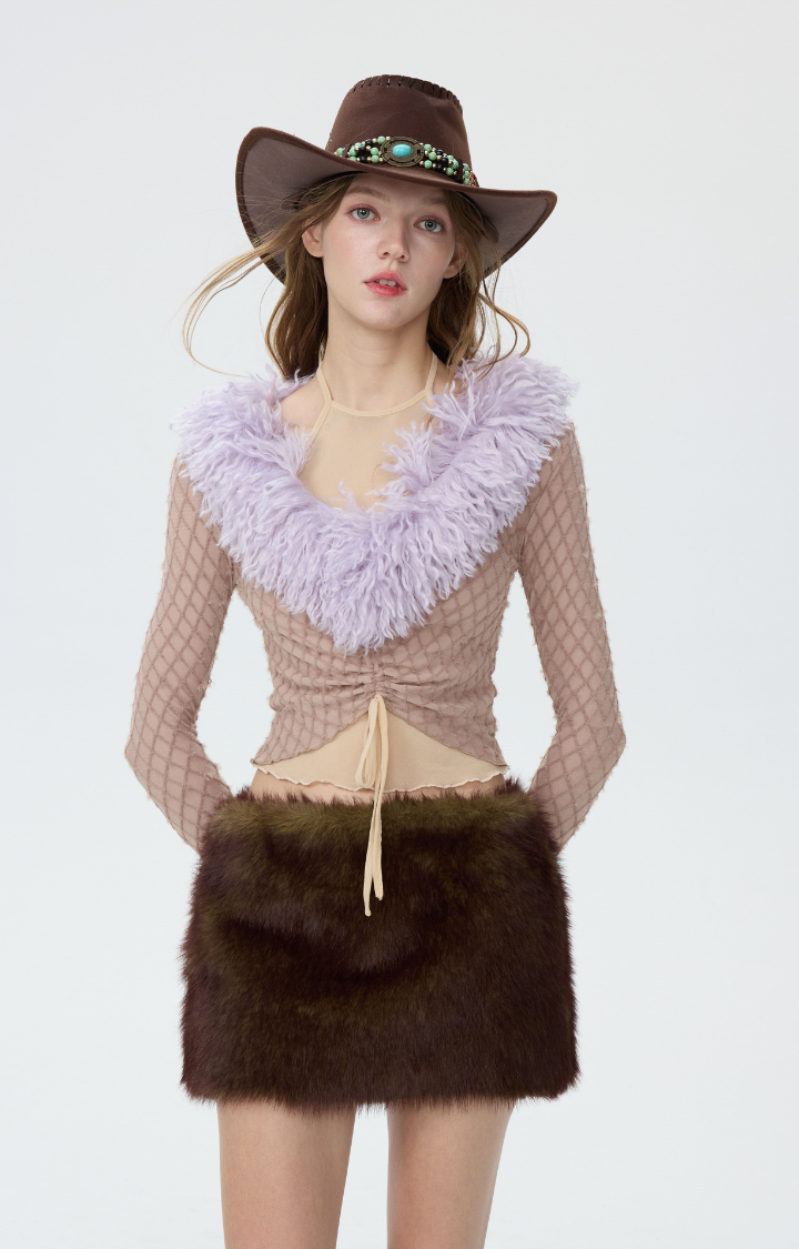 FAUX-FUR LOW-RISE MINI SKIRT IN FOREST-MOSS BLEND