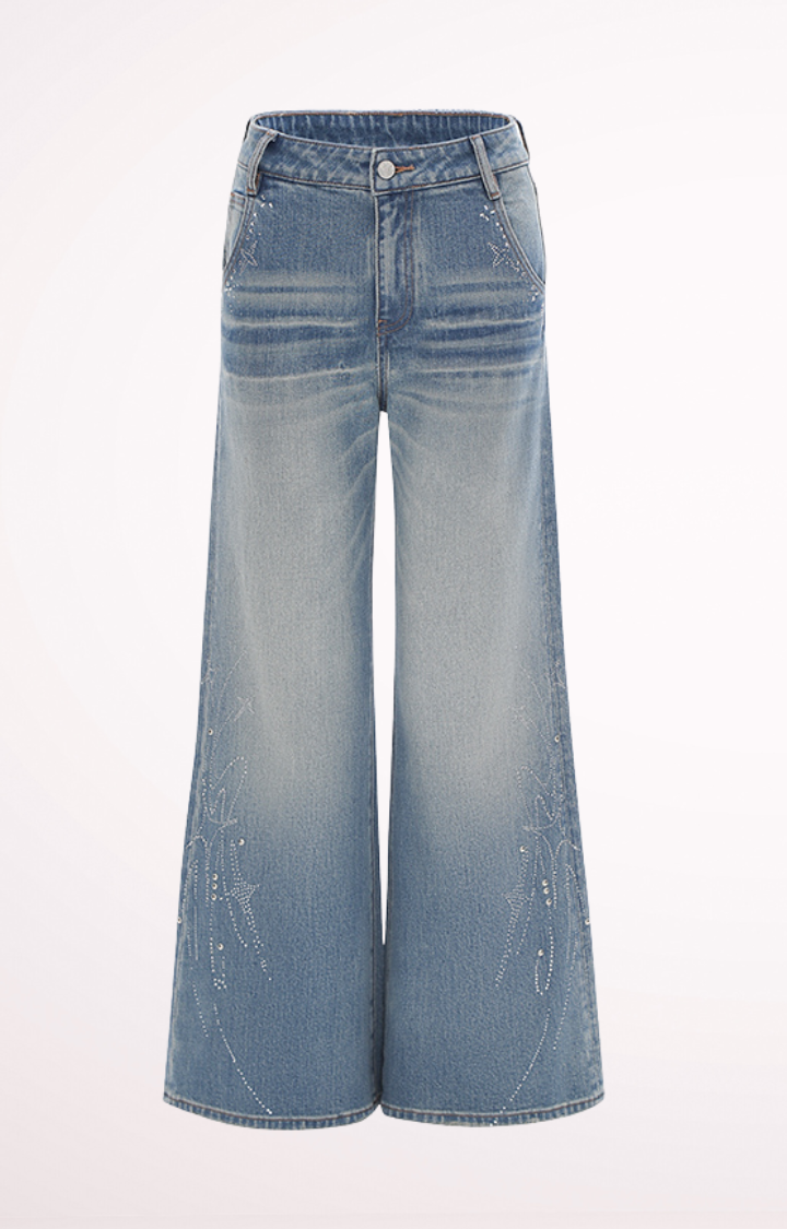 STARDUST RHINESTONE HIGH-WAIST WIDE LEG JEANS IN LIGHT WASH