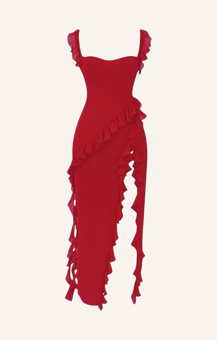 SCARLET TROUBLE RUCHED DRESS