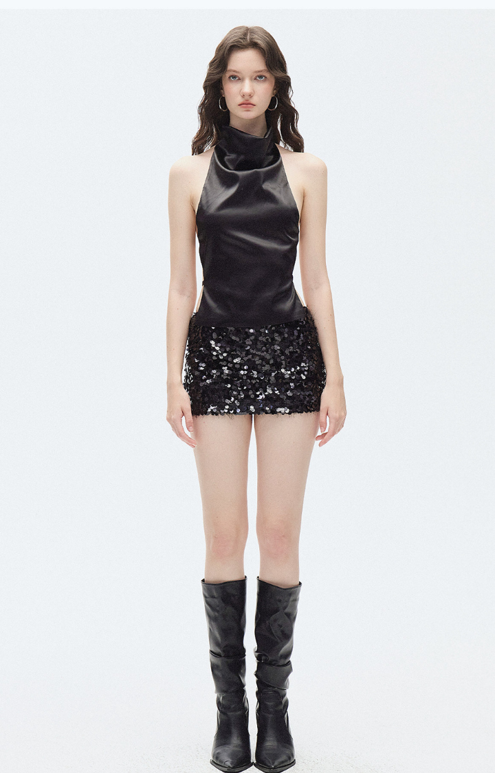 LIQUID INTENTION HALTER TOP IN LIQUID NOIR