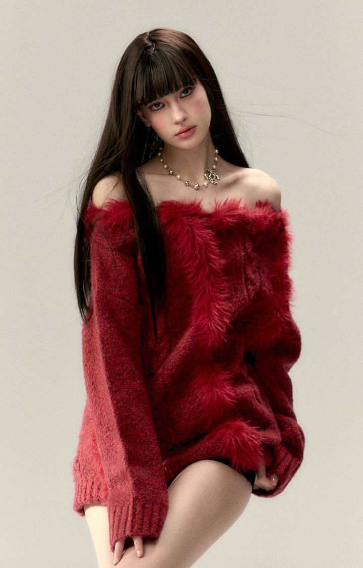 FUZZY TEMPTATION OFF-SHOULDER KNIT TOP IN  CRIMSON HEAT