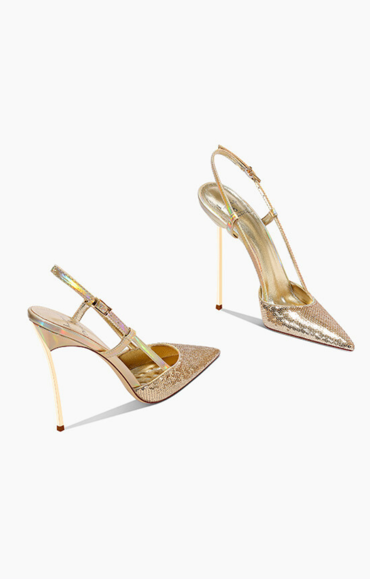 GLITTER BRAT STARLIGHT SLINGBACK STILETTOS IN GOLD RUSH RIOT