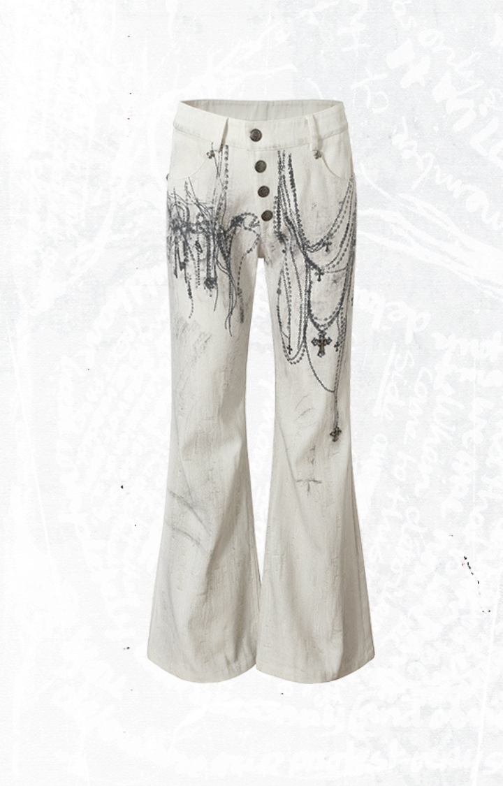 CHAIN GRAFFITI FLARED WIDE-LEG JEANS IN DIRTY WHITE