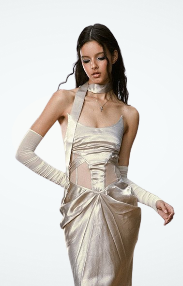 TWILIGHT VEINS MESH-CUT MAXI DRESS IN CHAMPAGNE HALO