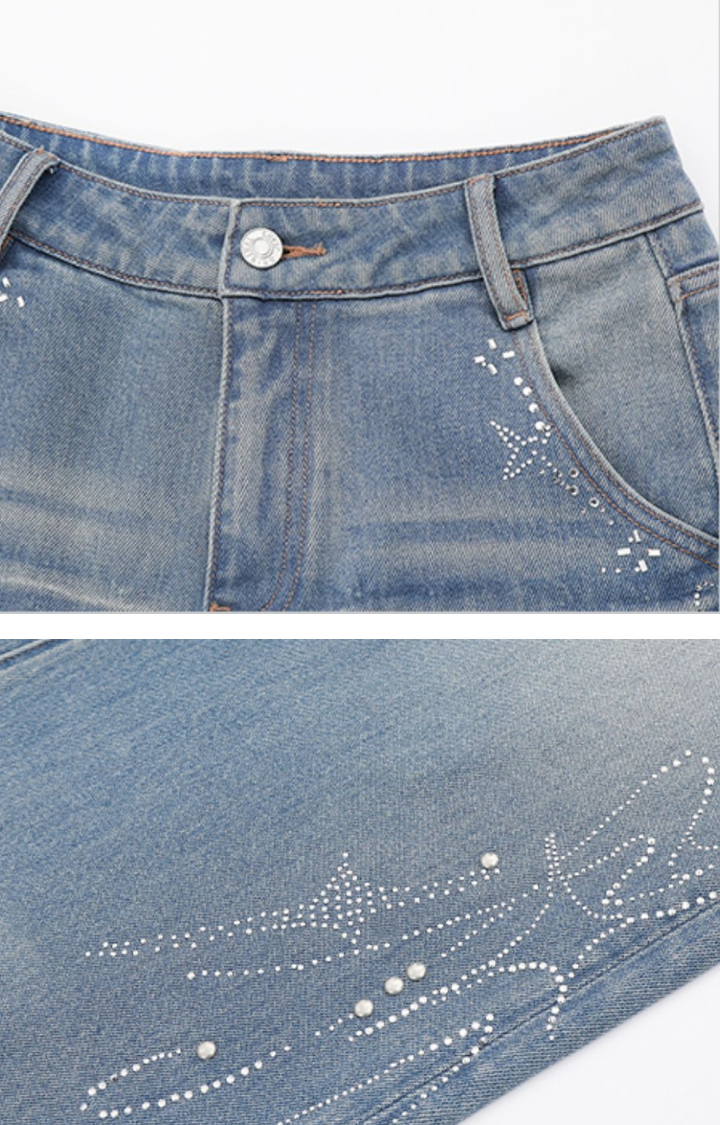 STARDUST RHINESTONE HIGH-WAIST WIDE LEG JEANS IN LIGHT WASH