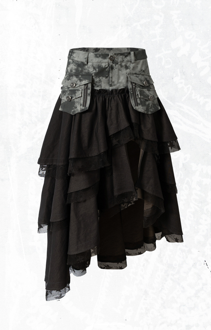 SPLICED CARGO CAKE SKIRT IN DENIM BLACK & ARMY GREEN