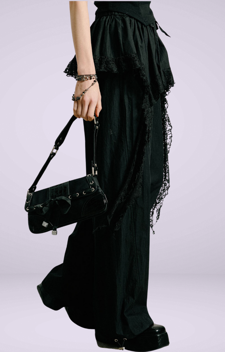 LACE TIERED SKIRT CARGO PANTS IN GOTHIC REBEL LACE