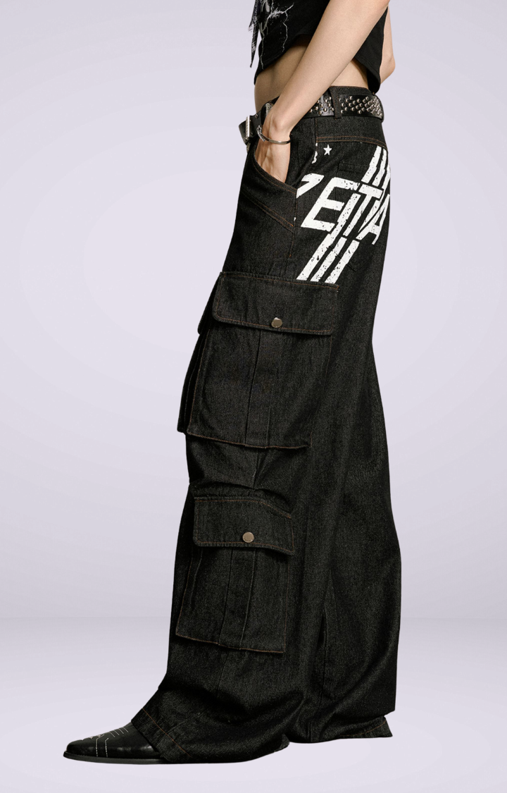 ZERO HOUR CARGO JEANS  BLACK LETTERING EDITION