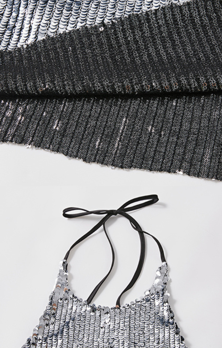 MIDNIGHT VOLTAGE SEQUIN HALTER MINI DRESS