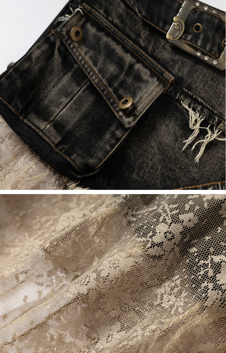 PATCHWORK LACE DISTRESSED DENIM SKIRT-PANTS IN WASHED BLACK