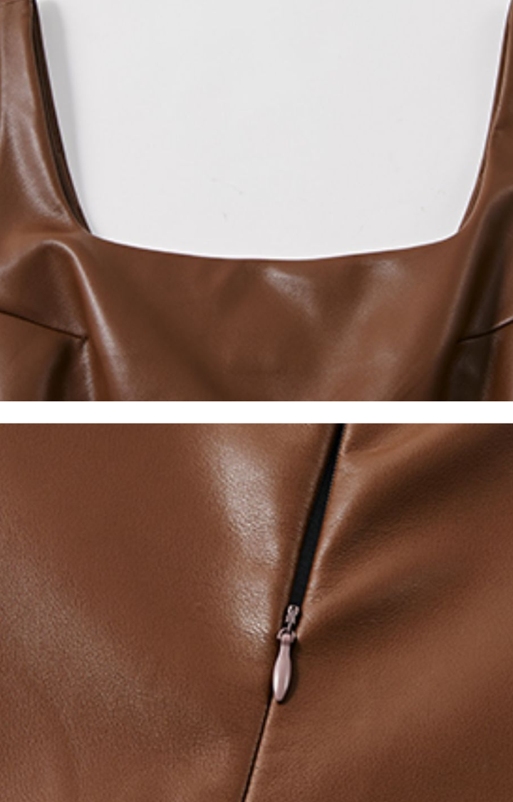 COGNAC CURVE FAUX LEATHER MIDI DRESS