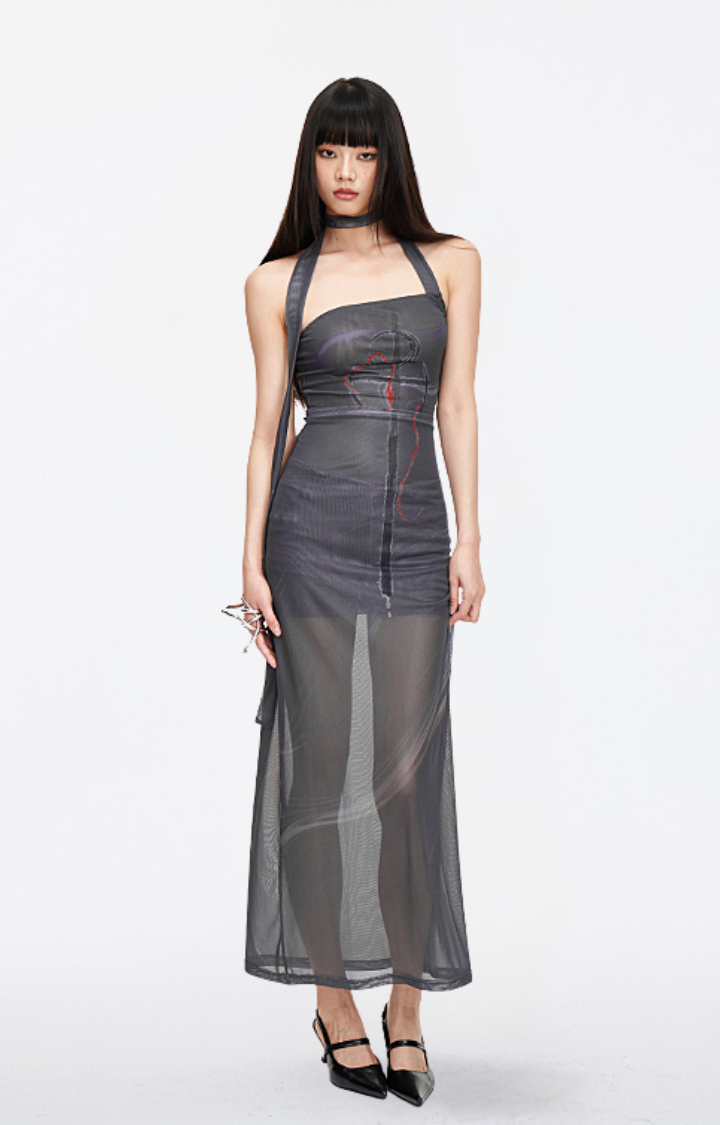 ART MESH SHEER HALTER DRESS IN GRAPHITE MIRAGE